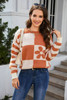 Brown Checkered Floral Print Striped Sleeve Sweater