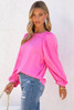 Pink Satin Puff Long Sleeve Crewneck Blouse