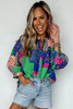 Multicolor Floral Patchwork Print Buttoned Puff Sleeve Shirt