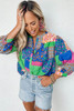 Multicolor Floral Patchwork Print Buttoned Puff Sleeve Shirt