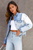 Sky Blue Color Block Denim Patchwork Frayed Hem Jacket