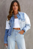 Sky Blue Color Block Denim Patchwork Frayed Hem Jacket