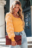 Yellow Flower Puff Sleeve Ribbed Knit Top