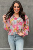 Pink Floral Print Tiered Ruffled Long Sleeve Blouse