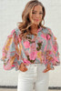 Pink Floral Print Tiered Ruffled Long Sleeve Blouse