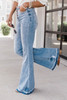 Sky Blue High Waist Buttoned Distressed Flared Jeans