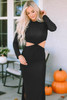 Black Ribbed Twist Cutout Long Sleeve Dress