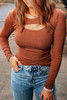 Brown Ribbed Peekaboo Cutout Long Sleeve Top Brown Ribbed Peekaboo Cutout Long Sleeve Top