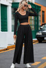 Black Solid Color Ribbed Crop Top Long Pants Set