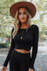 Black Solid Color Ribbed Crop Top Long Pants Set