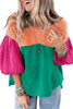 Multicolor Crinkle Bubble Sleeve Color Block Blouse