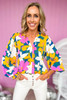 Multicolor Magenta Gold Floral V Neck Lantern Sleeve Blouse