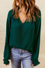 Green Pleated V Neck Puffy Sleeve Blouse