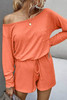 Orange Ribbed Drawstring Waist Long Sleeve Romper