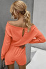 Orange Ribbed Drawstring Waist Long Sleeve Romper