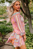 Pink Floral Patch Shirred Ruffled High Waist Mini Dress