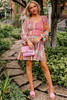 Pink Floral Patch Shirred Ruffled High Waist Mini Dress
