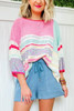 Pink Color Block Striped Three-Quarter Sleeve Knitted Top