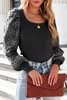 Black Flower Puff Sleeve Ribbed Knit Top