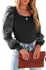 Black Flower Puff Sleeve Ribbed Knit Top