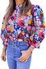 Blue Mock Neck Bubble Sleeve Floral Print Blouse