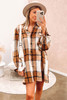 Khaki Plaid Pattern Collared Neck Ruffled Sleeve Shirt Dress