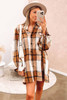 Khaki Plaid Pattern Collared Neck Ruffled Sleeve Shirt Dress