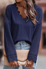 Blue Ribbed Texture Lace Trim V Neck Long Sleeve Top