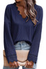 Blue Ribbed Texture Lace Trim V Neck Long Sleeve Top