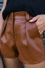 Brown Faux Leather Pleated Casual Shorts