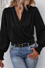 Black Solid Surplice Neck Shirred Cuffs Draped Blouse