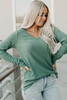 Green Ribbed V Neck Long Sleeve Top