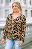 Brown Leopard Split Joint V Neck Long Sleeve Tops Brown Leopard Split Joint V Neck Long Sleeve Tops