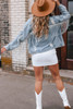 Sky Blue Sequin Embellished Fringe Distressed Denim Jacket Sky Blue Sequin Embellished Fringe Distressed Denim Jacket