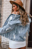 Sky Blue Sequin Embellished Fringe Distressed Denim Jacket Sky Blue Sequin Embellished Fringe Distressed Denim Jacket