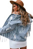 Sky Blue Sequin Embellished Fringe Distressed Denim Jacket Sky Blue Sequin Embellished Fringe Distressed Denim Jacket