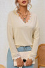 Apricot Ribbed Texture Lace Trim V Neck Long Sleeve Top