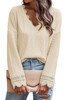Apricot Ribbed Texture Lace Trim V Neck Long Sleeve Top