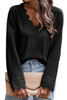Black Ribbed Texture Lace Trim V Neck Long Sleeve Top