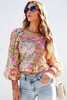 Multicolor Smocked Floral Frilled Trim Square Neck Blouse