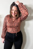 Leopard Plus Size Puff Sleeve V Neck Lace-up Slim Top