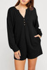 Black Brushed Ribbed Button Split V Neck Long Sleeve Romper