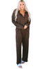 Brown Ribbed Knit Collared Henley Top and Pants Lounge Outfit