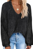 Black Waffle Knit V Neck Long Sleeve Loose Tunic Top