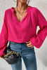 Rose Crinkle Split Neck Puff Sleeve Blouse