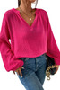 Rose Crinkle Split Neck Puff Sleeve Blouse