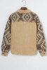 Khaki Aztec Print Patchwork Frayed Edge Corduroy Jacket