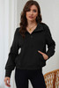 Black Zip Up Stand Collar Ribbed Thumbhole Sleeve Sweatshirt