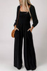 Black Smocked Square Neck Long Sleeve Wide Leg Jumpsuit