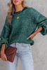 Green Heathered Knit Drop Shoulder Puff Sleeve Sweater